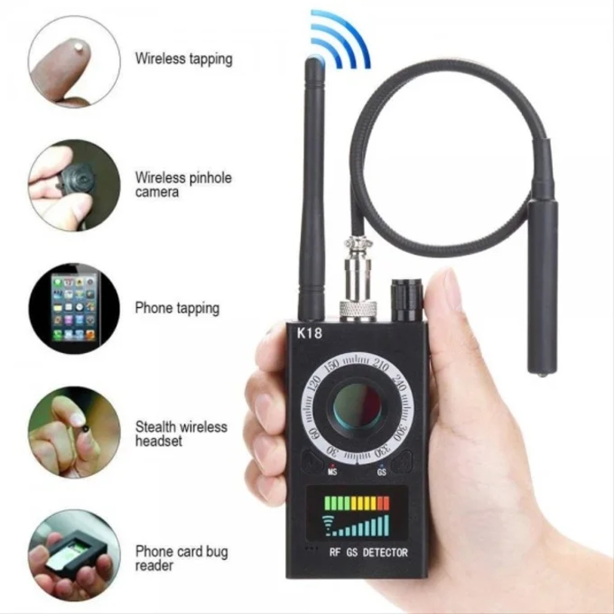 Détecteur K18 — caméras cachées, micros et traceurs GPS
