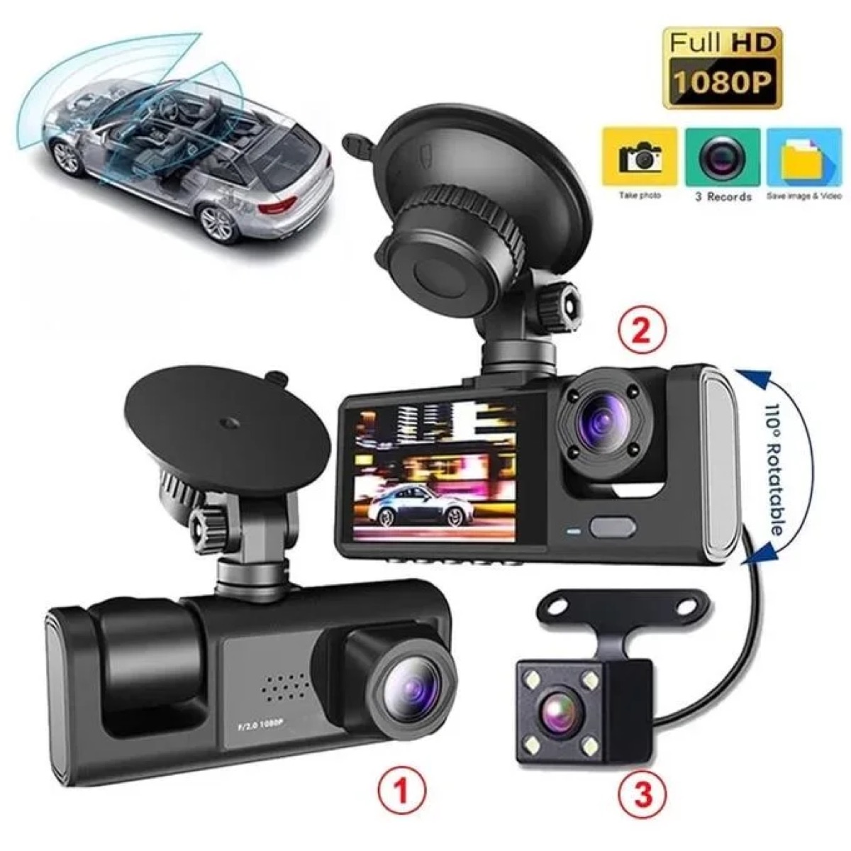 Dashcam Full HD 3 objectifs avec caméra de recul