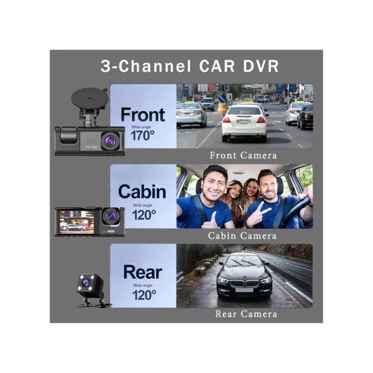 Dashcam Full HD 3 objectifs avec caméra de recul