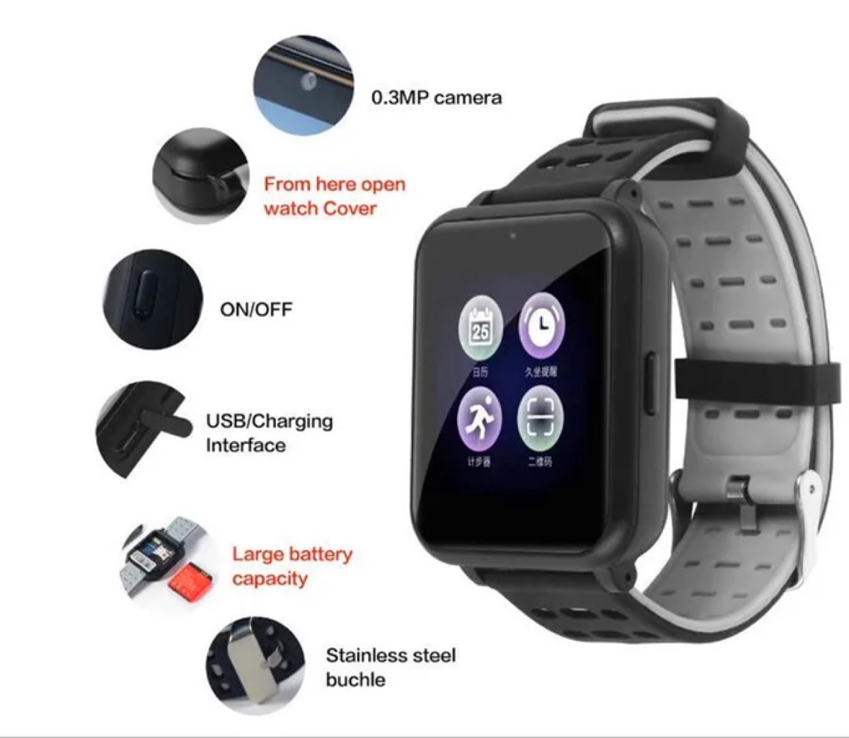 Montre connectée Z2 — carte SIM, appareil photo et écran tactile