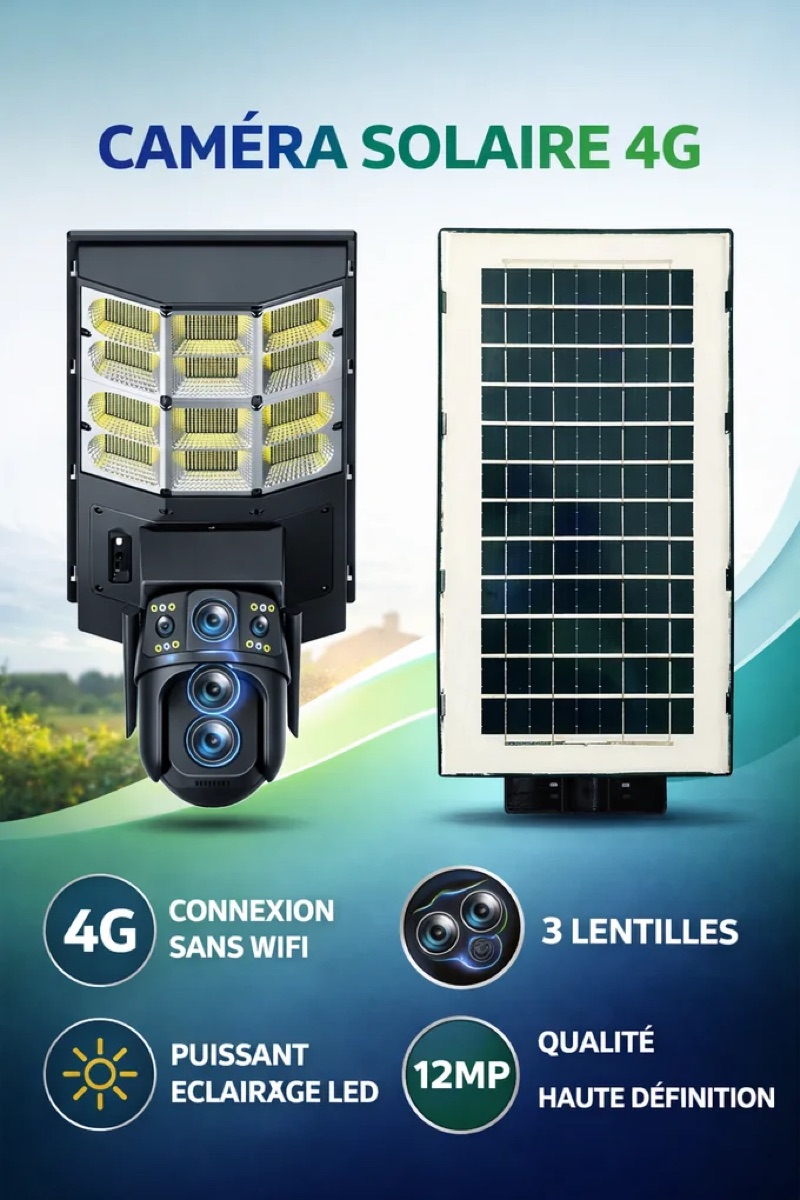 Lampadaire solaire avec caméra 4G double objectif — zoom x10