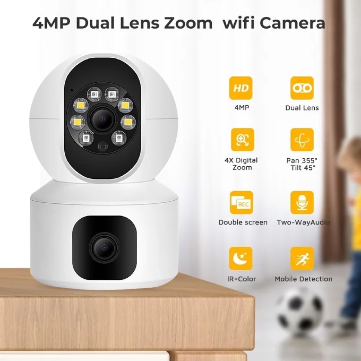 Caméra intérieure Wi-Fi double objectif 4 MP