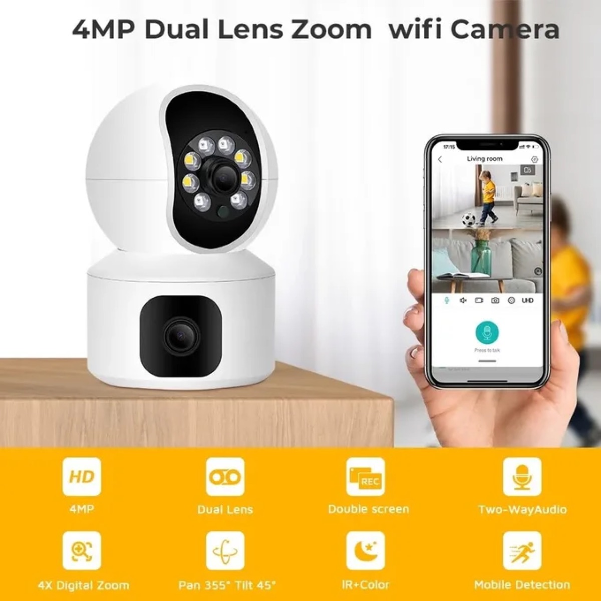 Caméra intérieure Wi-Fi double objectif 4 MP